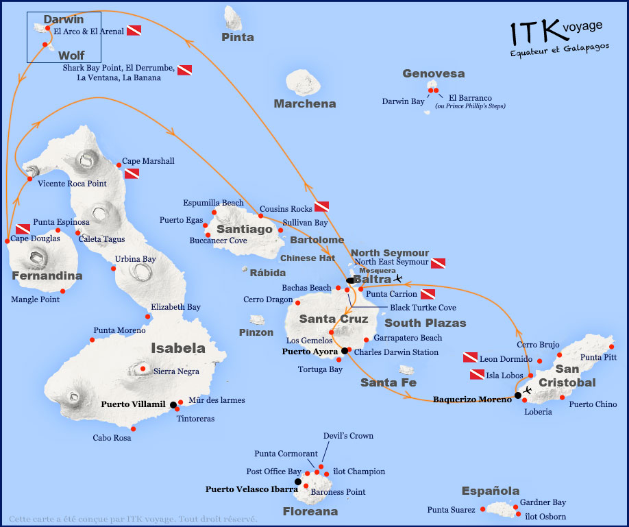 calypso, cruise, dive, galápagos, itinerary, map, 8d