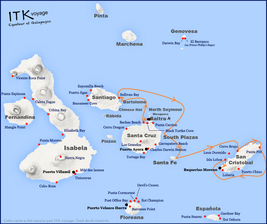 cormorant, luxe, cruise, galápagos, itinerary, map, 5d